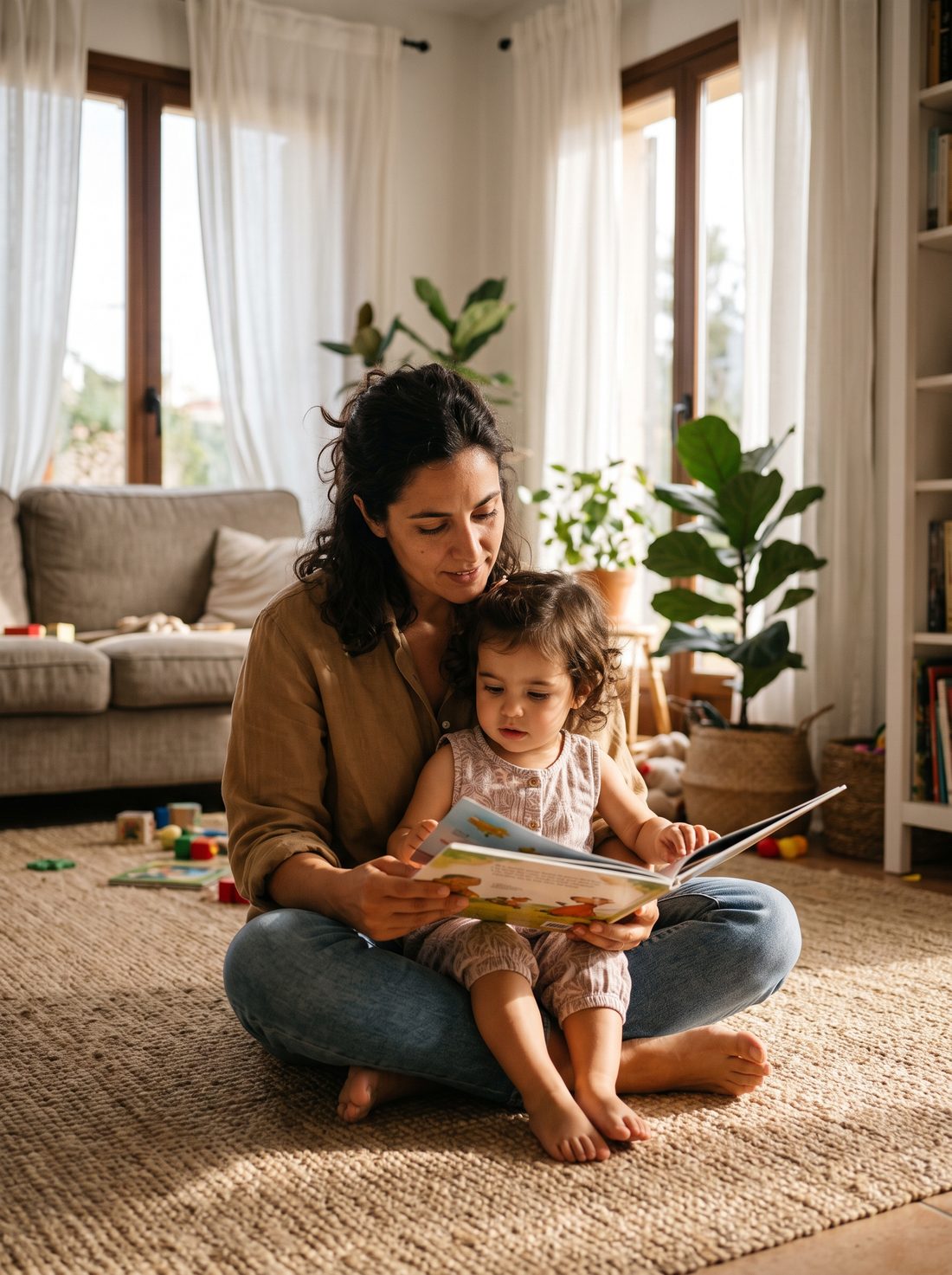 Madre leyendo un cuento con su hija pequeña