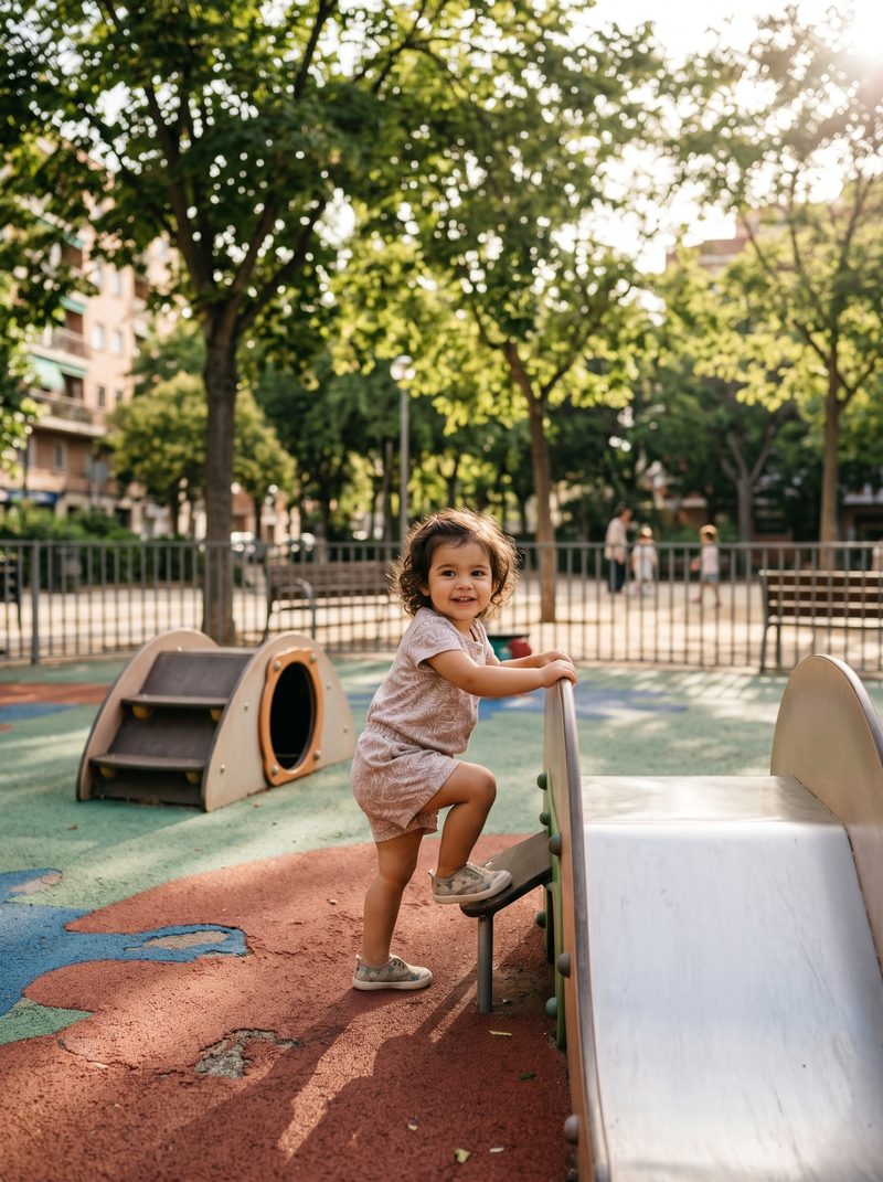 Niña pequeña jugando en un parque infantil