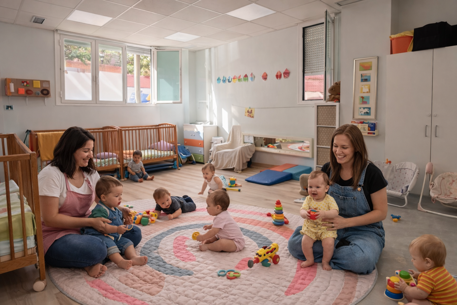 Dos educadoras con los bebés en el aula Caterpillar de la escuela infantil Dreams en Logroño