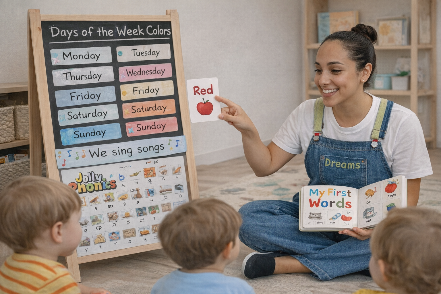 Educadora enseñando inglés con tarjetas en Dreams